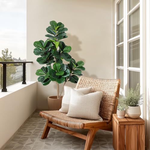 5 ft Fiddle Leaf Fig Tree Artificial with 77 Leaves - Realistic Faux Ficus Lyrata Trees in 7.8 in White Planter Pot, Indoor Fake Floor Plants for Home Office Living Room Decor, Housewarming Gift - color: With White Planter, size: 5ft