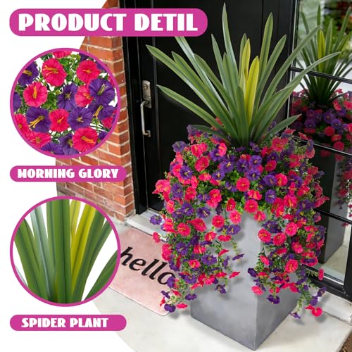 Fake Artificial Morning Glory Flowers for Outdoors+Faux Orchid Greenery Plants UV Resistant Weatherproof for Indoor Outdoor Garden Patio Window Box Home Decor - color: Dark Purple,rose Red