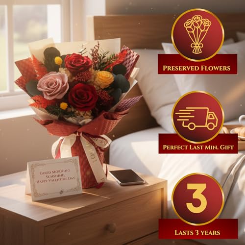 Mother's Day Red Preserved Roses with Vase - Forever Flowers for Mom Wife - Romantic Deep Red Rose Bouquet - Long Lasting Anniversary Birthday Gift for Her - Scented Flower Arrangement - color: Waffle Red
