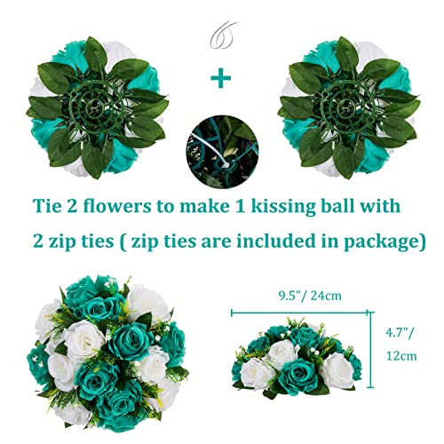 BLOSMON Flower Ball Centerpieces for Wedding: 10 Pcs Teal White Fake Roses Flowers Artificial for Table - Silk Kissing Bouquet Floral Arrangement Center for Home Party Event Decor | Artificial Floral Arrangement for Table - Faux Silk Kissing Bouquet with
