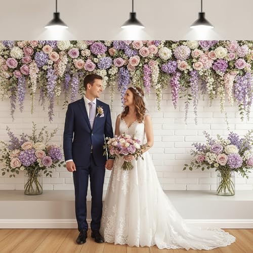 JAWO 5X3ft Floral Brick Wall Backrop Pink Purple Rose Hydrangea Hanging Vine White Brick Wall Photography Backdrop Wedding Bridal Baby Shower Birthday Anniversary Party Decor Photo Booth Prop - color: Purple1, size: 5X3