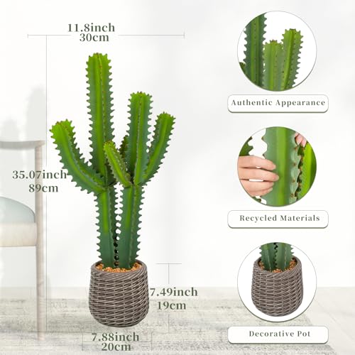 Artificial Cactus Plants, 3ft Tall UV-Resistant Fake Desert Cacti Plant in Brown Pot, Faux Floor Plants for Home Office Hotel Patio Balcony or Garden Indoor Outdoor Decor - size: 35"