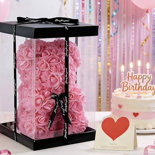 Artificial Rose Flower Bear,Perfect Romantic Gift for Her, Valentine's Mother's Day, Christmas, Birthday,Thanksgiving Party Anniversary Girl Friend Wife Light Strips and Greeting Cards (Pink) - color: Pink