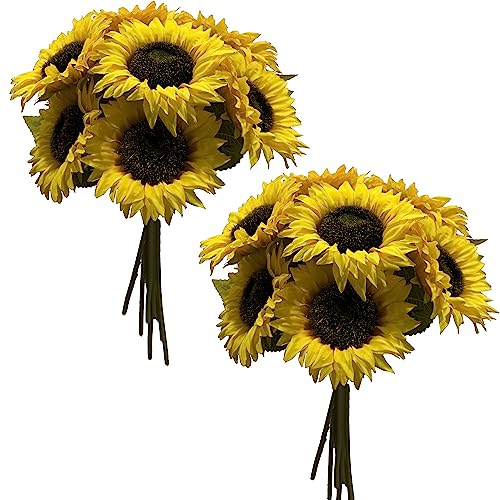 12PCS Sunflowers Artificial Flowers Silk Flower with Plastic Soft Rod Stems Yellow Sunflower Bridal Wedding Bouquet Decorations for Home Wedding Party Birthday Bulk Dark Center Single