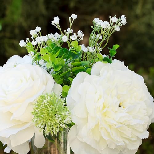 ENOVA FLORAL Artificial Rose Flowers in Vase, Mixed White Rose and Silk Peonies in Vase with Faux Water for Dining Table Centerpieces, Home Decor Indoor (FL-158-Cream) - color: Fl-158-cream