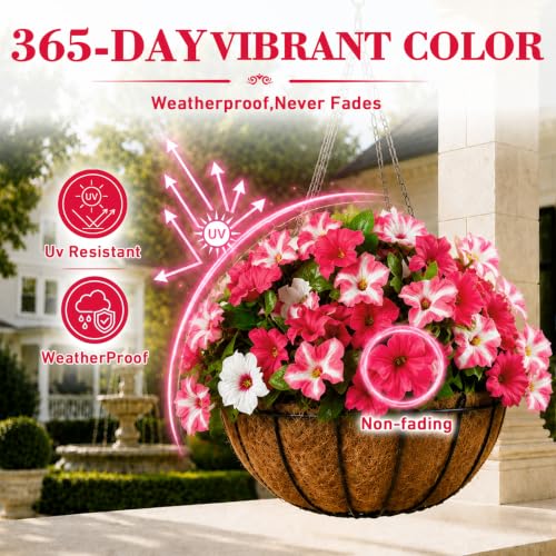 6Pcs Artificial Flowers for Outdoors, Fake Petunias Morning Glory Silk Flower UV Resistant, Faux Flowers for Outdoor Planters, Realistic Flora for Window Box Garden Porch Decor (RedWhite-Petunia) - color: Redwhite-petunia