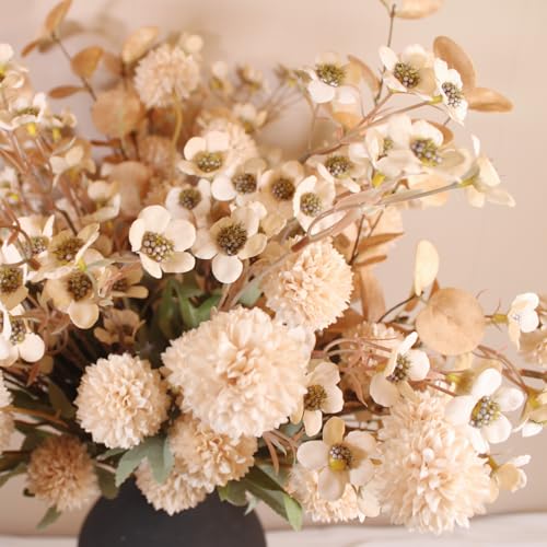 Beige Silk Flower Arrangements Home Decor, Large Floral Centerpieces For Tables, 22 Long Stems Fake Mums + Eucalyptus + Wild Flowers in Bulk, Artificial Flowers Coffee Dining Table, Faux Mums Flowers - color: Beige Wax+kiku