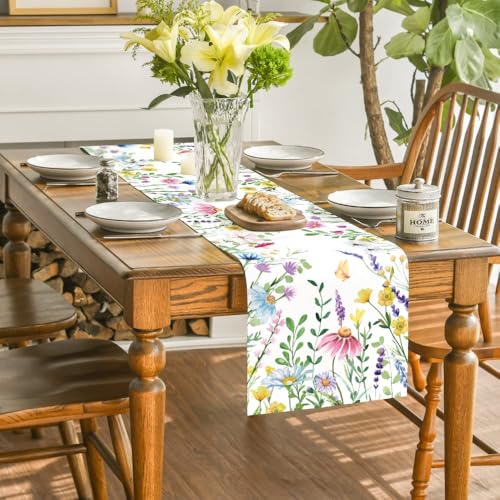 Artoid Mode Daisy Eucalyptus Lavender Floral Leaves Summer Table Runner, Spring Kitchen Dining Table Decoration for Home Party Decor 13x60 Inch - color: Beige, size: 13" x 60", Table Runner