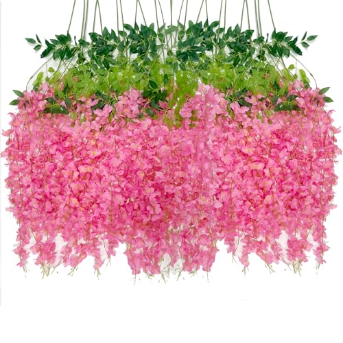 HUAHUA Artificial Wisteria Flowers, White Dense Artificial Fake Wisteria Vine Ratta Hanging Garland Silk Flowers String for Home Party Wedding Decor (24pcs Pink) - color: 24pcs Pink