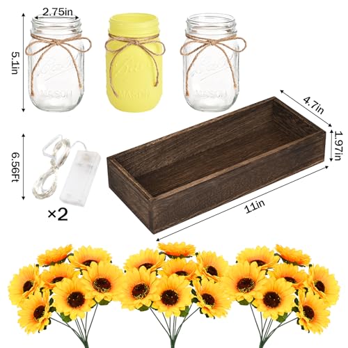 BLEUM CADE Centerpiece Table Decorations - Mason Jar Lights Centerpiece for Kitchen Dining Table Farmhouse Coffee Table Wedding Home Decor with 3 Jars Sunflowers Artificial Flowers & Wood Tray - color: Yellow-sunflower