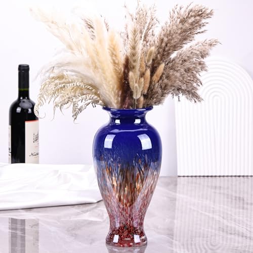 11.8" Tall Blown Blue Glass Vase, Colorful Opaque Glass Vase, Unique Design Wide Mouth Art Decoration for Home, Living Room, Dining Table, Pampas Grass Decor (Blue) - color: Blue