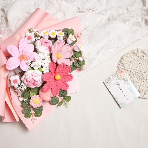 Crochet Flower Bouquet Premium Edition, Handmade Knitted Faux Crochet Flowers for Home Decor Valentine’s Day Anniversary Weddings Birthdays Mother’s Day, Includes Gift Bag and Greeting Card (Rose) - color: Premium Pink