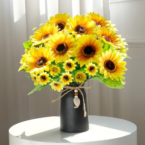 Artificial Sunflower Arrangement in Black Vase - 3 Bunches of Lifelike Sunflowers with Rustic Black Vase for Home Décor, Office, and Special Occasions - color: Black Vase