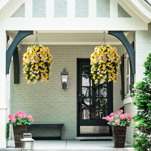 INQCMY Artificial Hanging Flowers Basket for Outdoor Outside Spring Decoration,Faux Silk Begonia in Planter Look Real UV Resistant for Porch Home Patio Garden Yard Decor - color: Yellow White
