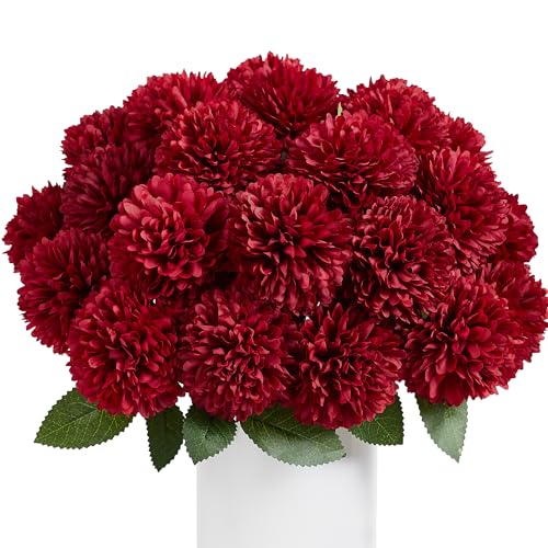 SITUMEIZI 12 Pcs Burgundy Flower Artificial Chrysanthemums Flowers Ball Flower Fake Mums Silk for Halloween Thanksgiving Day Fall Wedding Home Decoration Floral Arrangement - color: Burgundy, size: 12 Pieces