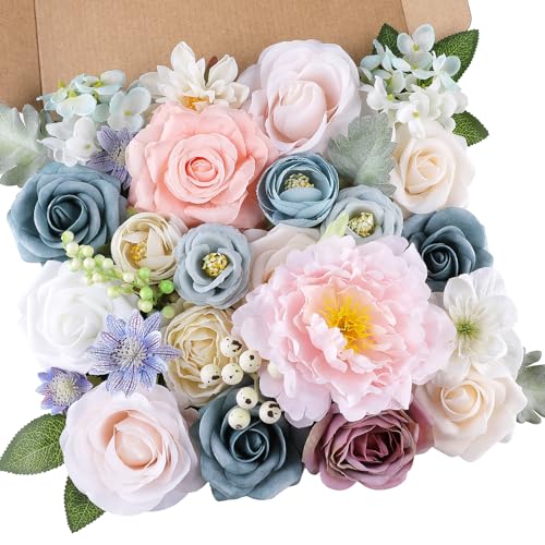 AGIRL Artificial Flowers Combo Silk Pink Roses Fake Flower with Stems for DIY Wedding Bouquets Centerpieces Arrangements Table Chair Decor Baby Shower Home Decor (Blue Pink) - color: Blue Pink