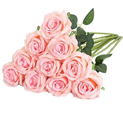 Nubry Artificial Silk Rose Flower Bouquet Lifelike Fake Rose for Wedding Home Party Decoration Event Gift 10pcs (Light Pink) - color: Light Pink