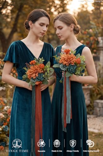 TINGE TIME 7 Inch Wedding Bouquets for Bridesmaid, Set of 4, Artificial Flowers Cascading Bridal Bouquet for Fall Wedding Ceremony Bridal Shower Rustic Vintage Wedding (BurntOrange&DarkTeal) - color: Burnt Orange & Dark Teal