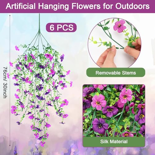 6 Pcs Spring Artificial Hanging Flowers Outdoor Faux Silk Mum Plant Decor Violet with Eucalyptus Realistic UV Resistant Trailing Vine Spring Porch Yard(Purple,Violet) - color: Purple, style: Violet