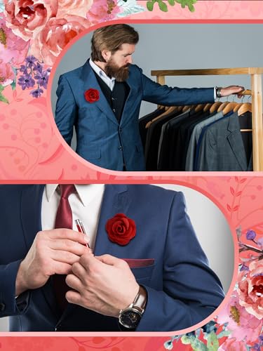 16 Pcs Lapel Flowers for Men Suits Flower Lapel Pins for Men Brooch Pins Handmade Satin Boutonniere - color: Red, size: Elegant