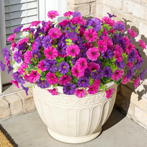 ADXORA 12 Bundles Morning Glory Artificial Flowers for Outdoor Decoration UV Resistant Fake Plastic Plants Artificial Greenery for Indoor Outdoor Garden Patio Window Box Home Decor Spring Summer - color: Purple,dark Purple