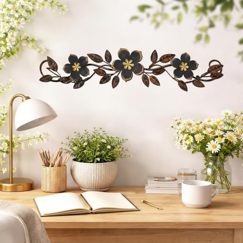Wesiti Metal Flower Wall Decor Vintage Metal Flower Wrought Iron Scroll Sculpture 15.7''x3.7'' Not 3D, Flat Farmhouse Leaf Wall Decor with Nails for Summer Bedroom Kitchen Indoor Outdoor(Black) - color: Black