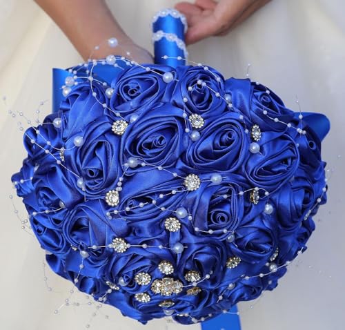 Ujicde Romantic Wedding Bouquet Bridal Bridesmaid Round Bling Brooch Bouquet Throw Toss Artificial Rose Flower Bunch with Sparkle Rhinestone Crystal Decoration(Royal Blue,Dia. 6.3"*16cm) - color: Royal Blue, size: Dia. 6.3"*16cm