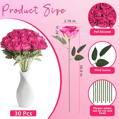 30pcs Silk Roses Artificial Flowers Hot Pink Fake Rose with Long Stem for Arrangement Wedding Party Home Decoration - color: Hot Pink