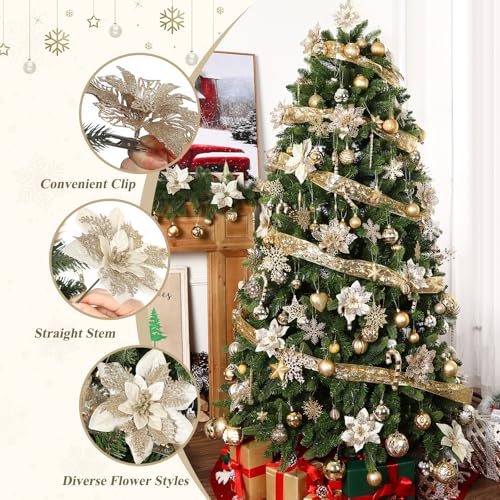 Alupssuc 24 PCS 3 Styles 6'' Poinsettia Christmas Flowers Artificial, Glitter Artificial Flower, Christmas Decorations for Xmas Tree Party Wreath Fireplace, New Year Ornaments, Champagne Gold - color: Champagne Gold