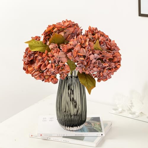 TOPIA Silk Fall Flowers Artificial Silk Dried Hydrangea Flowers Fall Hydrangeas Bouquet Autumn Florals Decorations for Office and Home(6 PCS) (Orange) - color: Orange