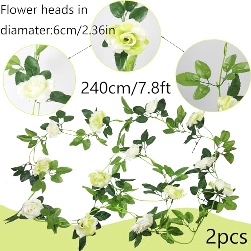 2 Pcs Artificial Rose Flower Garland Outdoor White 15.8ft Fake Vines Silk Flowers Hanging Rose Ivy Vines for Bedroom Wedding Arch Decor Flower Garland for Backdrop Wall Party Garden Centerpiece - color: White