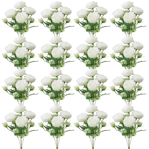 16 Pack White Peonies Artificial Flowers, Fake Silk Hydrangea Bouquet for Bridal Wedding Home Table Decor Reusable Dining Opening Ceremony Birthday Arrangement Faux Floral - color: White