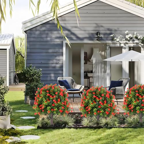 Set of 4 Artificial Boxwood Topiary Ball Trees with Red Flowers, 24" UV Resistant Fake Shrubs with Ground Spike, Faux Greenery for Garden, Yard, Porch, Patio & Indoor Outdoor Decor