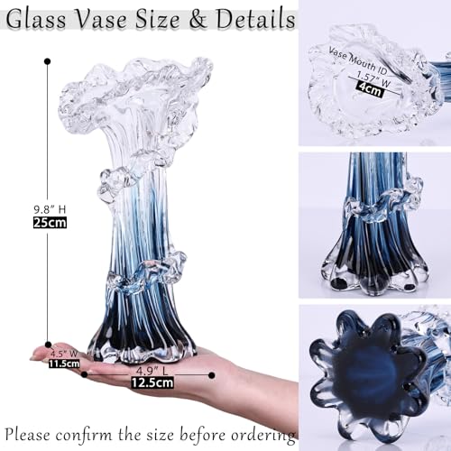 Hand Blown Blue Glass Vase, Unique Art Beautiful Ocean Glass Vase for Coastal Home Decor, Coffee Table, Living Room, Office Decor - 9.8" H (Medium) - size: Medium