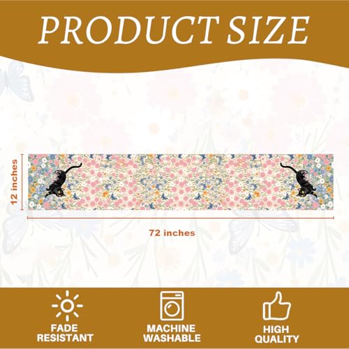 Black Cat Spring Table Runners Floral Spring Table Runner for Home Pink Daisy Party Decorations for Home Office Kitchen Living Room Farmhouse Apartment13 x 72 Inch - color: Black Cat 02