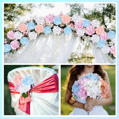 Giegxin 120 Pcs Artificial Hydrangea Flowers Bulk, Blue, Pink, White, Light Pink, Faux Silk Hydrangea Flower Heads with 120 Stems for Wedding Centerpieces, Home, Garden, Baby Shower, Party (4 Colors)