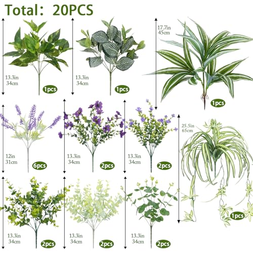 20 Bundles Fake Plants Outdoor Real Looking Artificial Flowers with Greenery UV Resistant Shrubs Faux Outside Plants for Planter Window Box Garden Patio Front Porch Yard Decor（Purple） - color: Mixed 20pcs