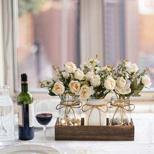 Centerpieces for Tables Coffee Table Centerpiece Decor with Wood Tray for Kitchen Decor Home Living Room Decor Rustic Farmhouse Decor,White - color: white