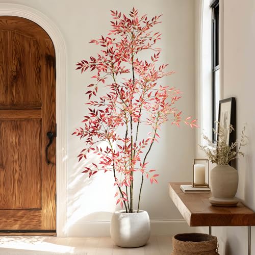 Tall Fake Bamboo Tree Large Artificial Nandina Trees Indoor Outdoor Realistic Floor Plant Potted Faux Plastic Silk Plants for Home Living Room Office Front Porch Patio decoracion Housewarming Gift - color: Red, size: 6ft