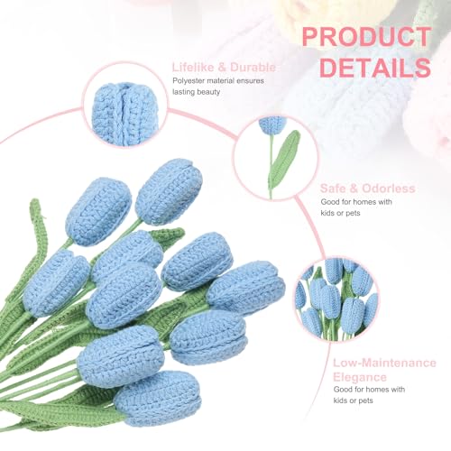 MECCANIXITY Tulip Crochet Flowers, Artificial Knitted Tulip Flower Completed Handmade Tulips Bouquet for Gift Home Birthday Wedding Decoration, Blue Pack of 10 - color: Blue