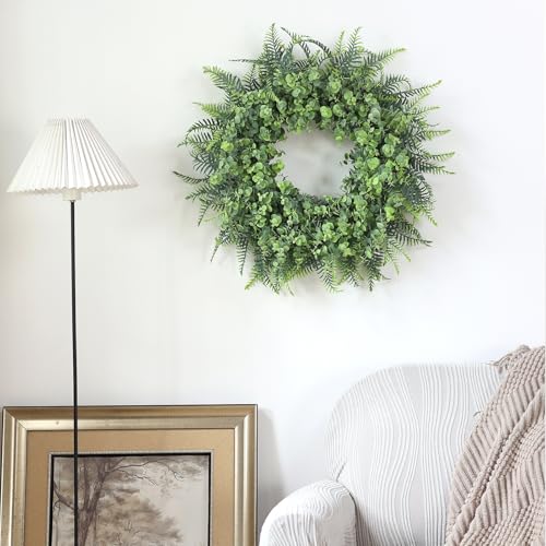 26'' Eucalyptus and Boston Ferns Wreath for Front Door - Large Artificial Greenery Outdoor Wreath for Porch,Window,Farmhouse,Home,Hanging Decor- Spring, Summer, All Seasons (Gray-Green)