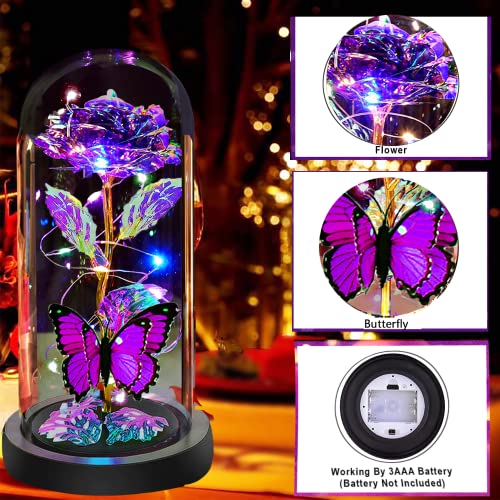Mothers Day Rose Flower Gifts for Mom, Birthday Gifts for Women, Galaxy Crystal Light Up Rose Flowers in A Glass Dome, Mother Day Presents Wife Grandma Sister Her Mom from Daughter Butterfly Purple - color: A-purple