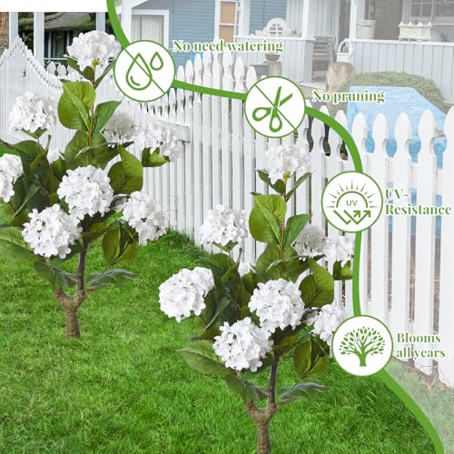 Daifunli 2 Pack 36″ Artificial Hydrangea Trees Real to Touch Faux Hydrangea Bushes Plants with Stakes for Wedding Spring Home Office Living Room Housewarming Gift(White) - color: White