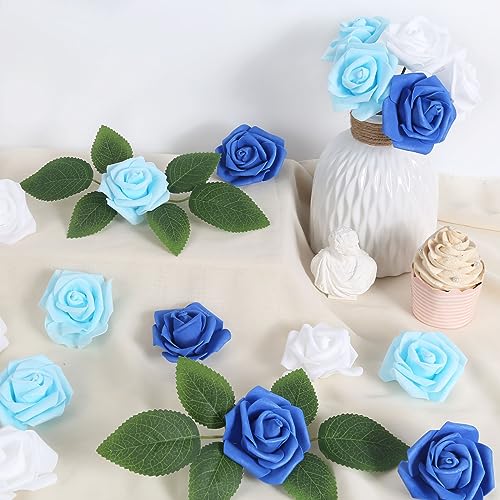 200pcs Blue Artificial Rose Flower Heads, 3inch White Foam Roses Bulk Stemless Fake Flower Heads for DIY Crafts,Cake Decoration Wedding,Baby Shower Flower Centerpieces(Shades of Blue) - color: 200pcs Shades of Blue
