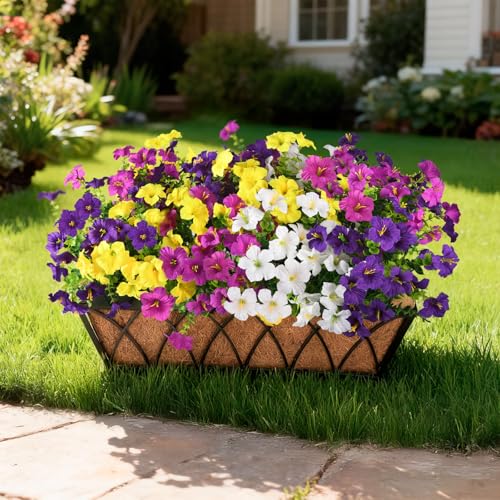 INQCMY Artificial Fake Flowers for Outdoors Decoration,12 Bundles Silk Colorful Morning Glory with Eucalyptus UV Resistant Look Real Faux Flowers for Planter Door Garden Porch Patio Balcony Yard - color: 1 Mixed Color(2 Double Purple,2 Deep Orchid,2 Yello
