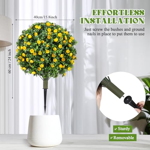Lunmon 2 Pack 24" Artificial Topiary Ball Plants Trees with Flowers, Outdoor Fake Topiary Plants with Ground Spike, UV Resistant Faux Bushes for Indoor Outdoor Front Door Decor(Yellow,Rose) - color: Yellow, style: Rose