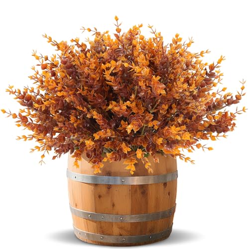 12 Bundles Artificial Fall Flowers for Outdoors Fall Decorations, UV Resistant Fake Mums Faux Fall Plants Plastic Greenery Porch Fireplace Home Gardens Autumn Thanksgiving Decor(Brown Eucalyptus) - color: Brown Eucalyptus, size: 12 Bundles