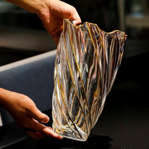 Hand Painted Gold Crystal Vase 11.2 inch Tall-Unique Whirlwind Shaped Glass Large Vase Home Office Decor for Living Room Dining Table Centerpieces, Birthday and Wedding.