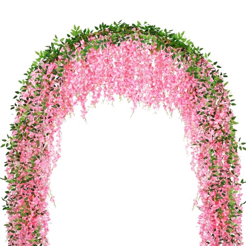 75 Branches Wisteria Hanging Flowers,5Pcs Total 30ft Pink Wisteria Artificial Flowers Garland Vine Silk Hanging Flowers for Wedding Party Arch Ceremony Garden Home Backdrop Decor - color: Pink, size: 5