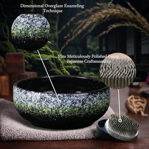 Water Lotus Bowl Planter Kit - Japanese Compote Bowl Ikebana Vase Set w/ 1.8" Floral Frog- Ideal for Ikebana, Flower Arrangement & Hydroponic Planting (Green Spots) - color: Green Spots